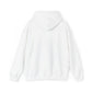 The Unisex Heavy Blend™ Hooded Sweatshirts back view showcases a plain white hoodie with long sleeves on a white background. Made from a soft cotton-polyester blend, it uses ethically grown US cotton for comfort and sustainability, featuring no visible designs or patterns.