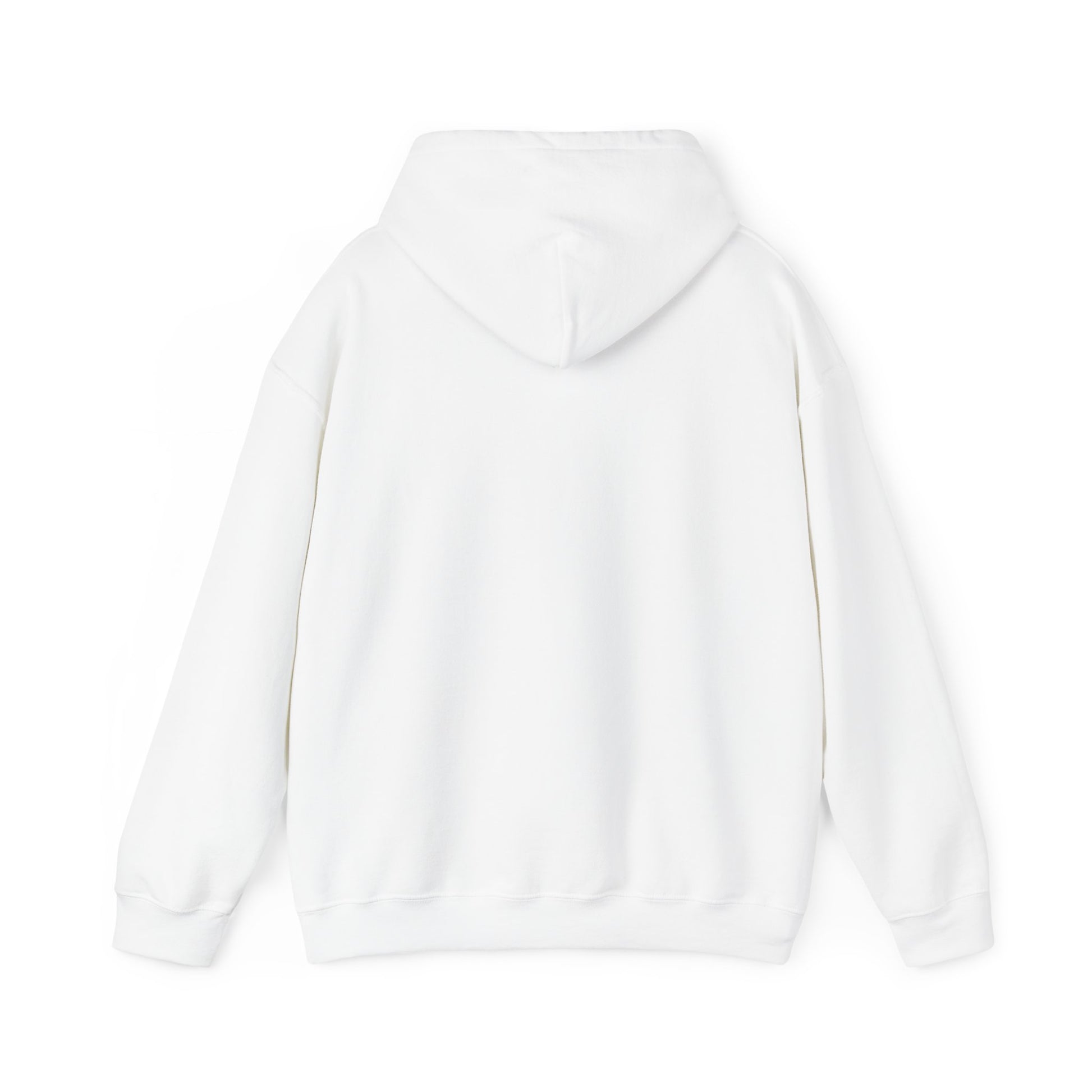 The Unisex Heavy Blend™ Hooded Sweatshirts back view showcases a plain white hoodie with long sleeves on a white background. Made from a soft cotton-polyester blend, it uses ethically grown US cotton for comfort and sustainability, featuring no visible designs or patterns.