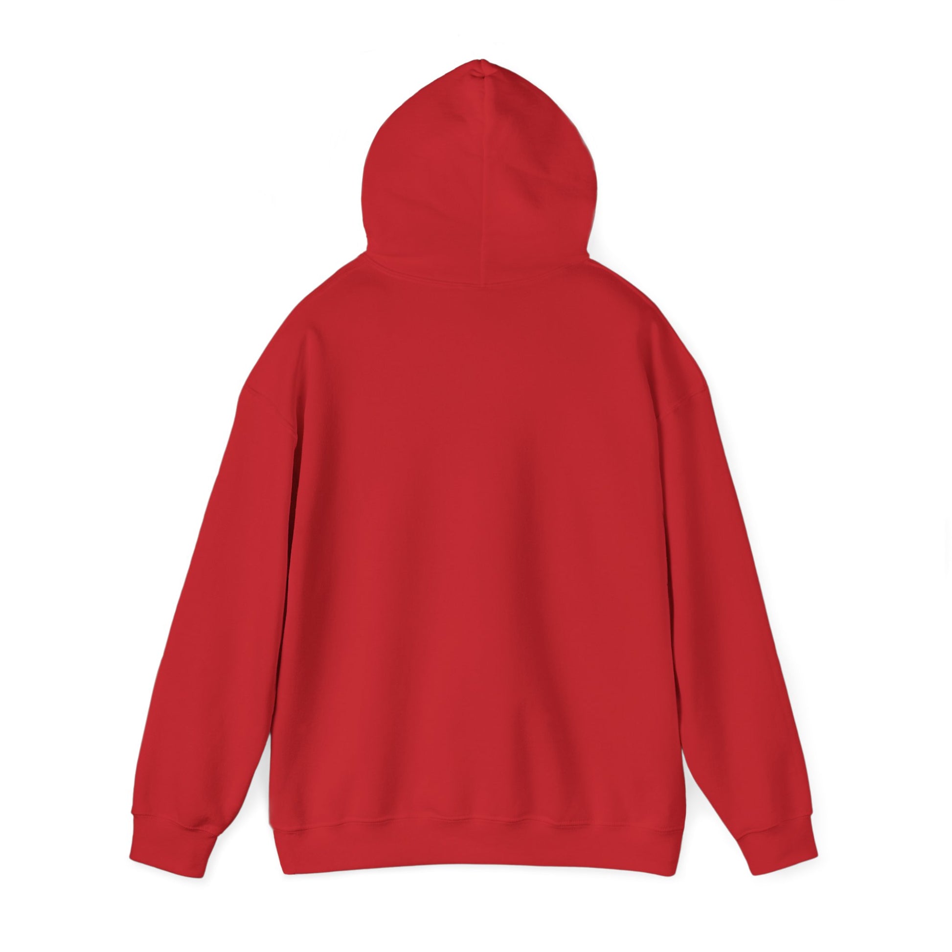 Back view of a plain red Unisex Heavy Blend™ Hooded Sweatshirt on a white background. This cozy, relaxed-fit piece features long sleeves and a hood, made from a cotton-polyester blend for comfort and style.