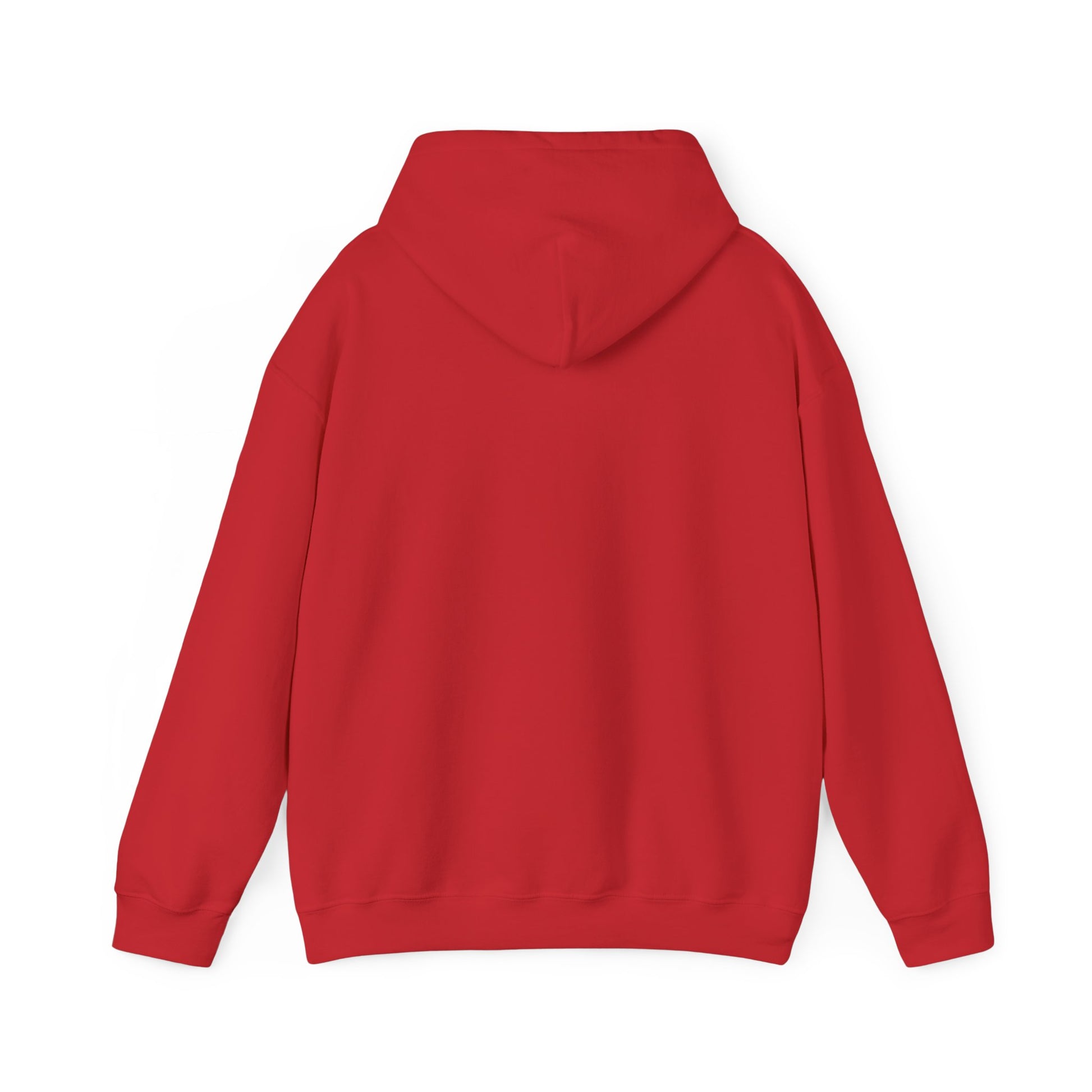 Back view of an Unisex Heavy Blend™ Hooded Sweatshirt on a white background. This plain red hoodie, made from a cotton-polyester blend with ethically grown US cotton, features a hood and long sleeves, offering an understated yet stylish design.