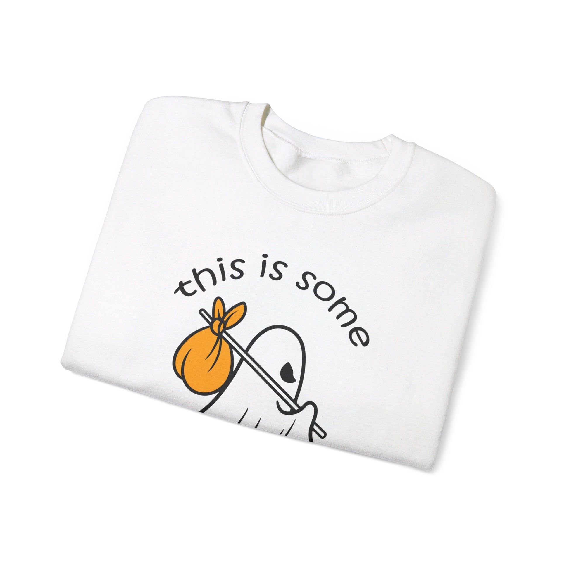The This Is Some Boo Sheet Unisex Heavy Blend™ Crewneck Sweatshirt features a cartoon ghost with an orange bundle and this is some text—a perfect, funny Halloween pick for your spooky season look.