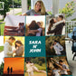 Custom photo collage blanket featuring romantic couple images, personalized with names "Sara N' John" and the establishment date "10.31.2024."