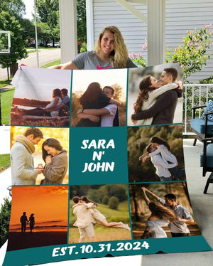Custom photo collage blanket featuring romantic couple images, personalized with names "Sara N' John" and the establishment date "10.31.2024."