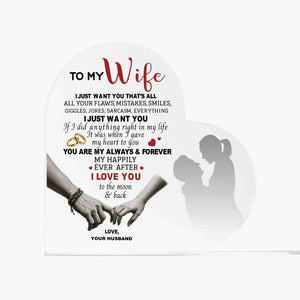 Heart-shaped acrylic plaque with a romantic message from a husband to his wife, featuring loving words, holding hands, and a silhouette couple design.
