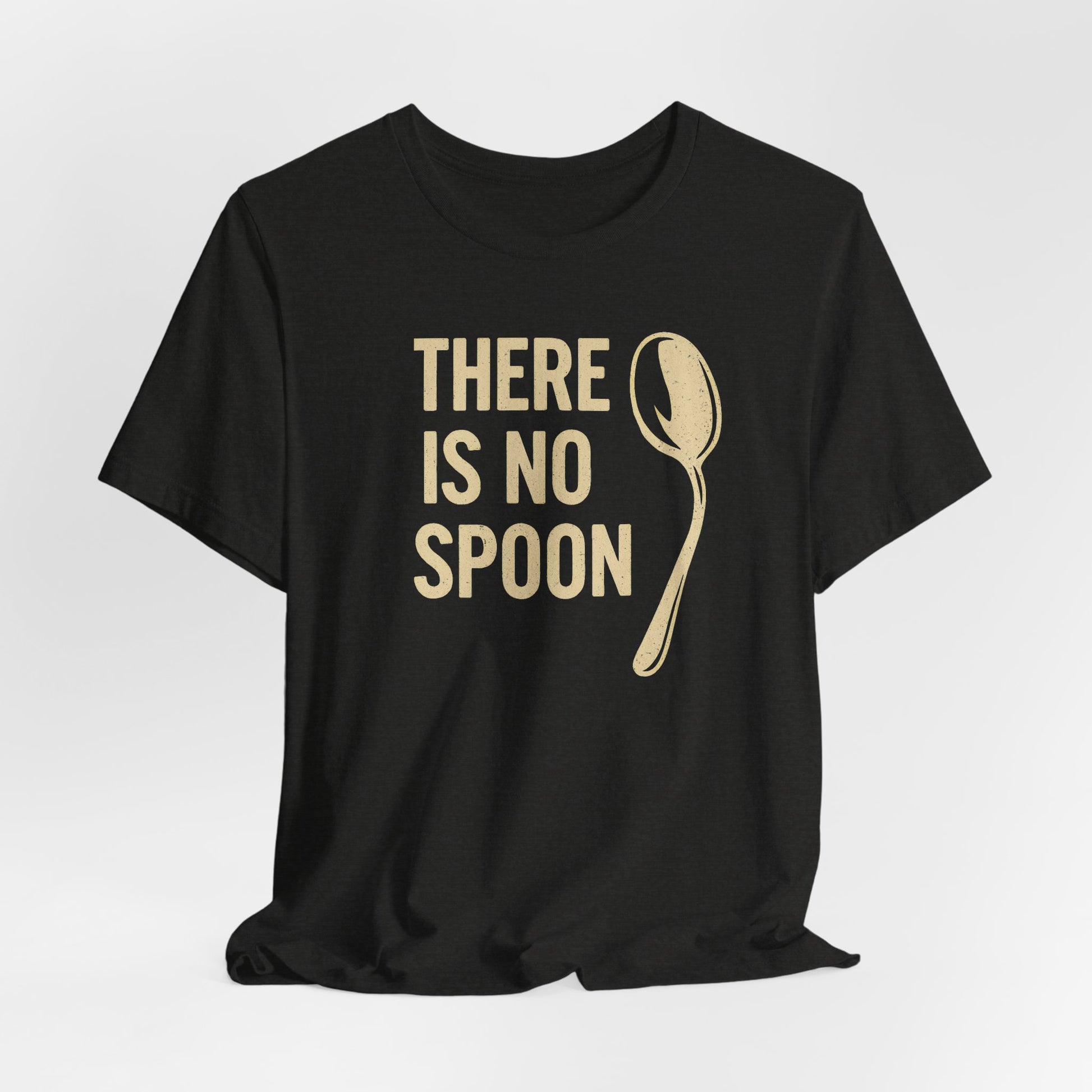 The There Is No Spoon Minimalist Quote Tee is a soft Airlume cotton sci-fi shirt with bold beige lettering and a unique spoon graphic.