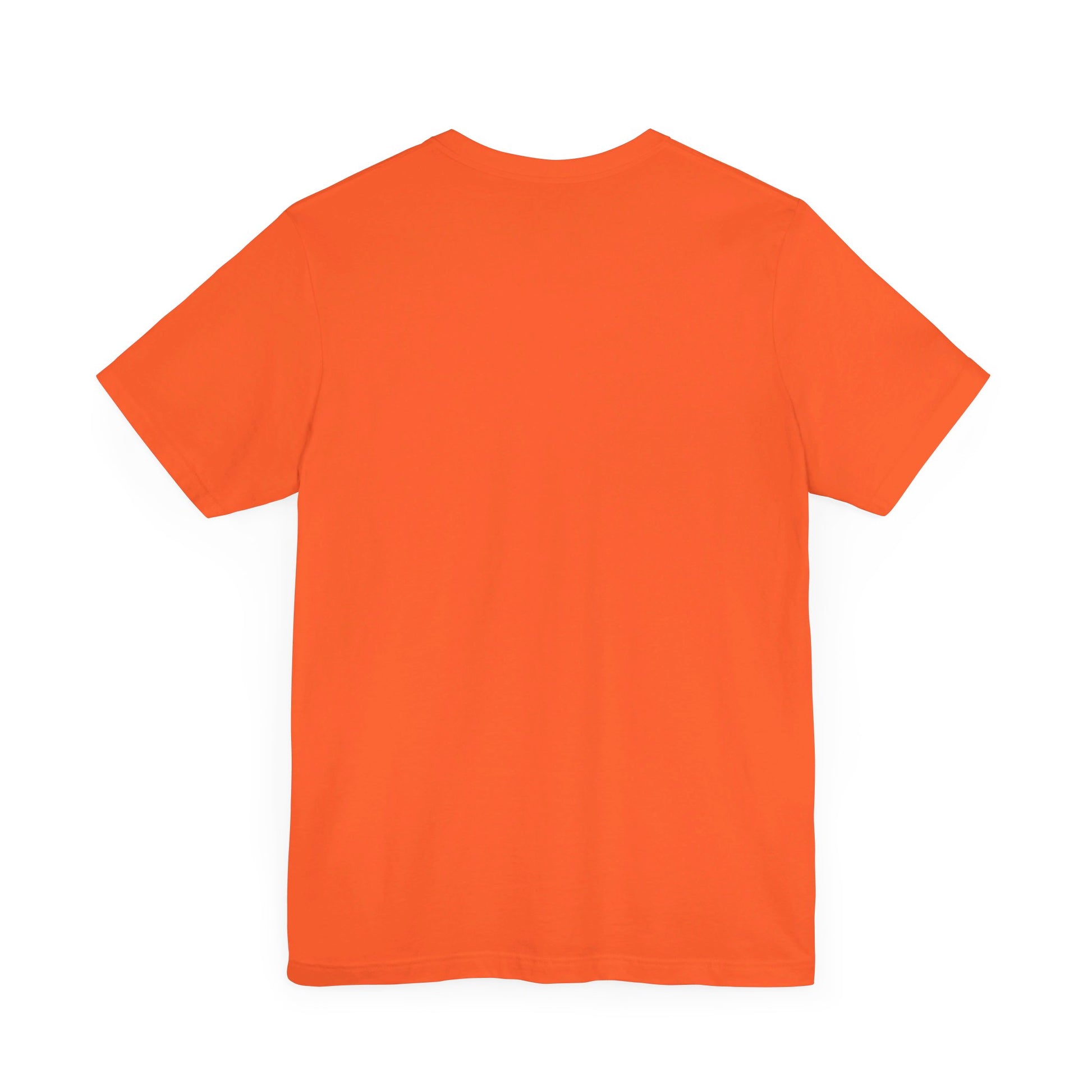 A plain orange short-sleeve I Found This Humerus - Funny Halloween Ghost T-shirt is shown from the back on a white background—ideal for a touch of humor and subtle spooky vibes in your festive wardrobe.