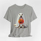 The Ghostly Pup Halloween T-Shirt features a playful ghost dog with an orange jack-o-lantern basket, perfect for those embracing spooky fashion.