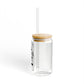 The Witches Brew Drink Co. 16oz Halloween Sipper Glass features a clear glass design, bamboo lid, transparent straw, and minimal black text—perfect for your spooky drink this Halloween.