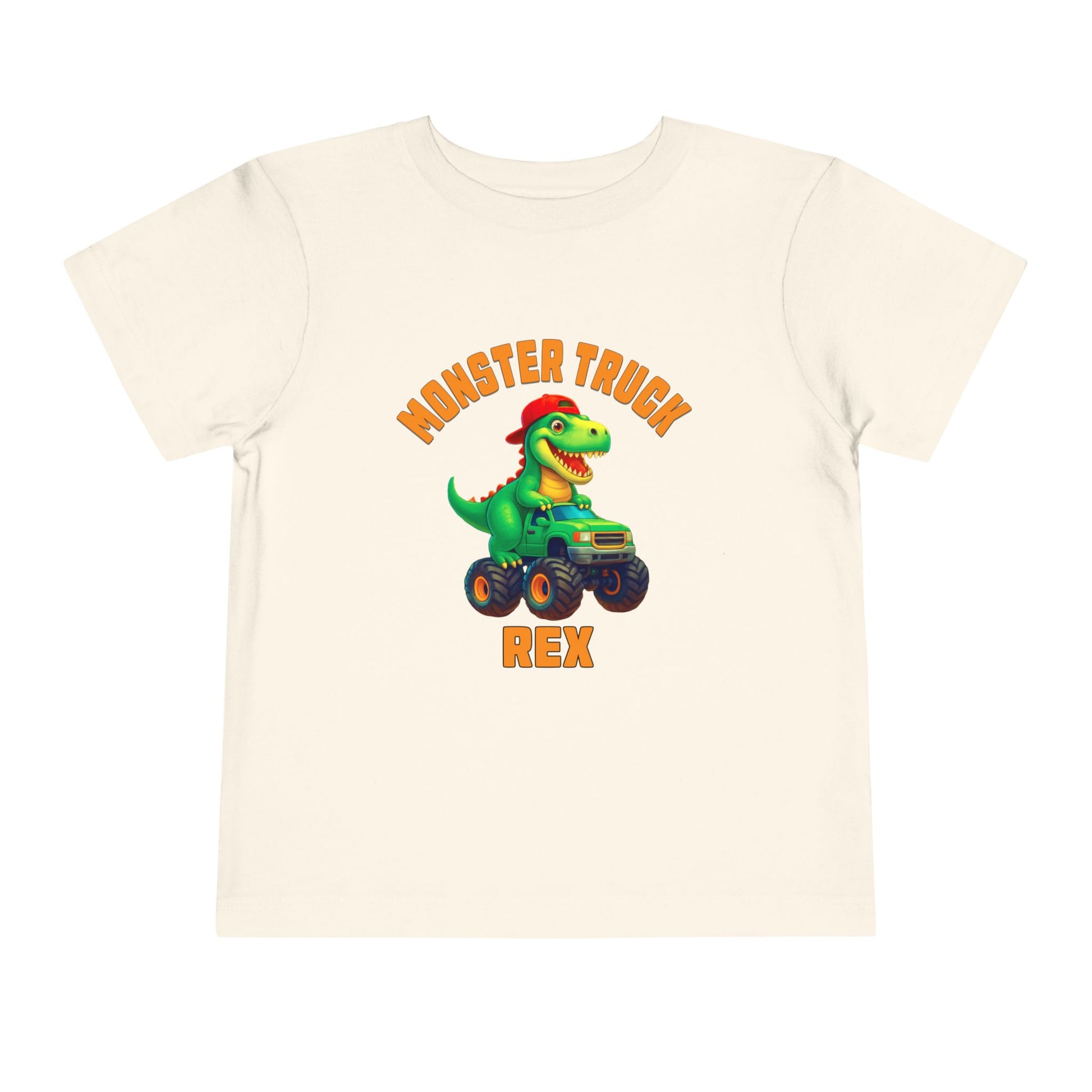 The Monster Truck Rex T-Shirt 🛻🦕 – Toddler Boys Tee features a cartoon green T-Rex in a monster truck and bold orange MONSTER TRUCK REX text—perfect for any little dinosaur fan!.