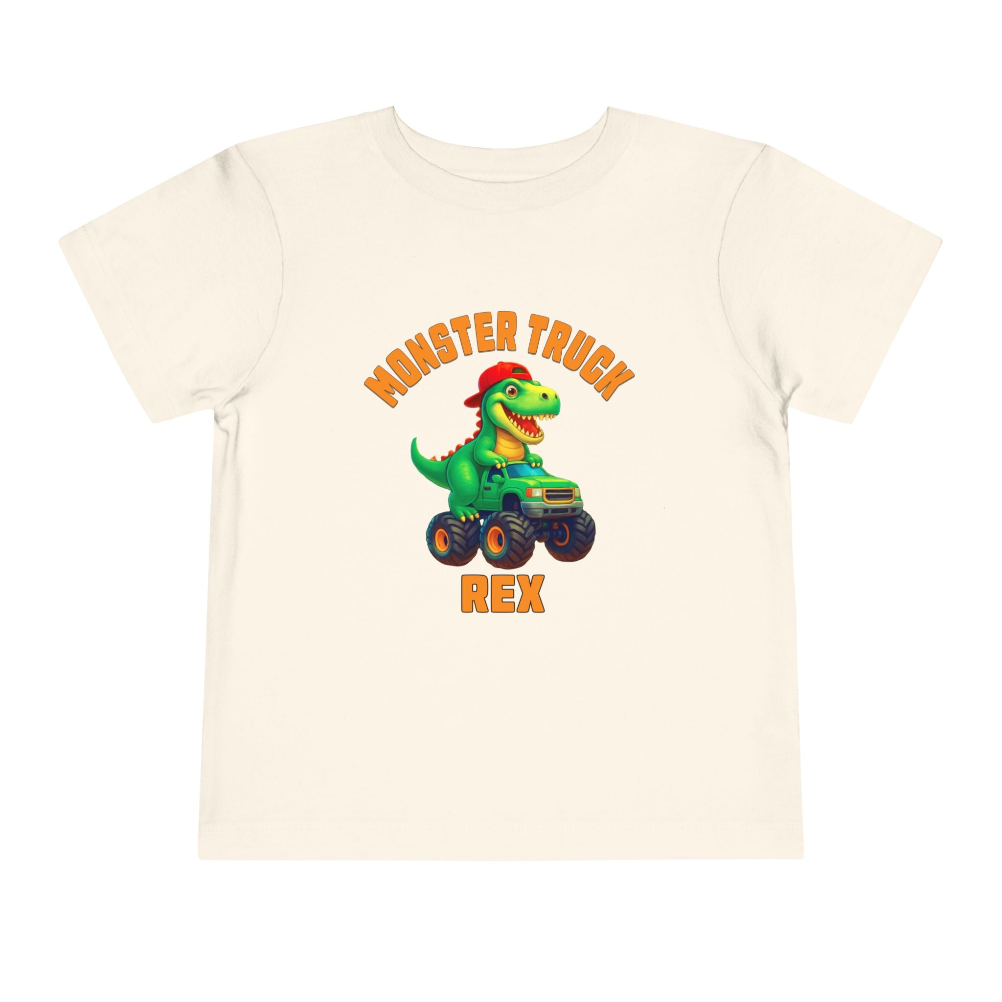 The Monster Truck Rex T-Shirt 🛻🦕 – Toddler Boys Tee features a cartoon green T-Rex in a monster truck and bold orange MONSTER TRUCK REX text—perfect for any little dinosaur fan!.