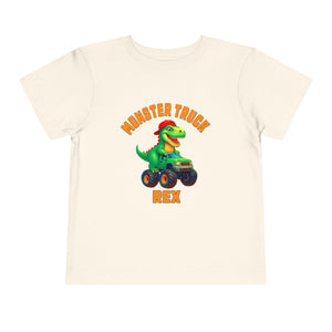 The Monster Truck Rex T-Shirt 🛻🦕 – Toddler Boys Tee features a cartoon green T-Rex in a monster truck and bold orange MONSTER TRUCK REX text—perfect for any little dinosaur fan!.