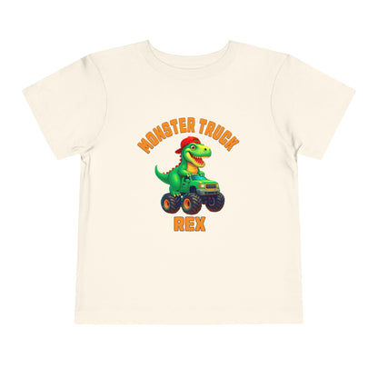 The Monster Truck Rex T-Shirt 🛻🦕 – Toddler Boys Tee features a cartoon green T-Rex in a monster truck and bold orange MONSTER TRUCK REX text—perfect for any little dinosaur fan!.
