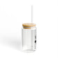 The Witches Brew Drink Co. 16oz Halloween Sipper Glass features a bamboo lid, transparent straw, and minimal black-and-white design—perfect for your Halloween glass collection. Shown on a white background.