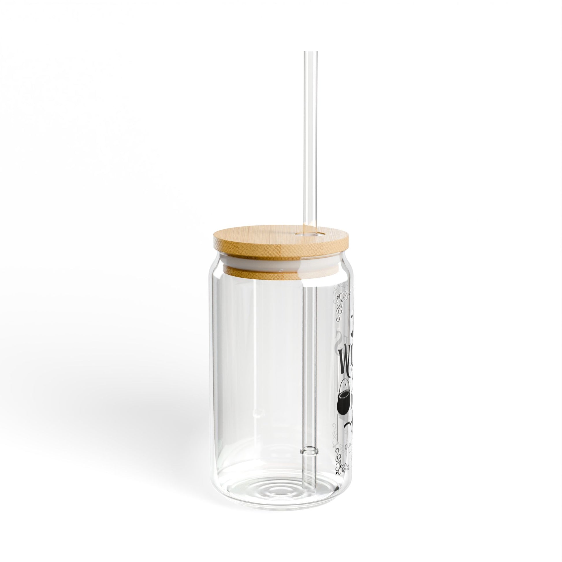 The Witches Brew Drink Co. 16oz Halloween Sipper Glass features a bamboo lid, transparent straw, and minimal black-and-white design—perfect for your Halloween glass collection. Shown on a white background.