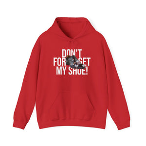 Red Unisex Heavy Blend™ Hooded Sweatshirt with DONT FORGET MY SHOE! in bold white across the chest and a black dress shoe graphic, crafted from ethically grown US cotton and durable cotton polyester blend for comfort and style.