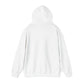 The image displays the back of a plain white Unisex Heavy Blend™ Hooded Sweatshirt against a white backdrop. Made from a cozy blend of ethically grown US cotton and polyester, it features a hood, long sleeves, and a relaxed fit.