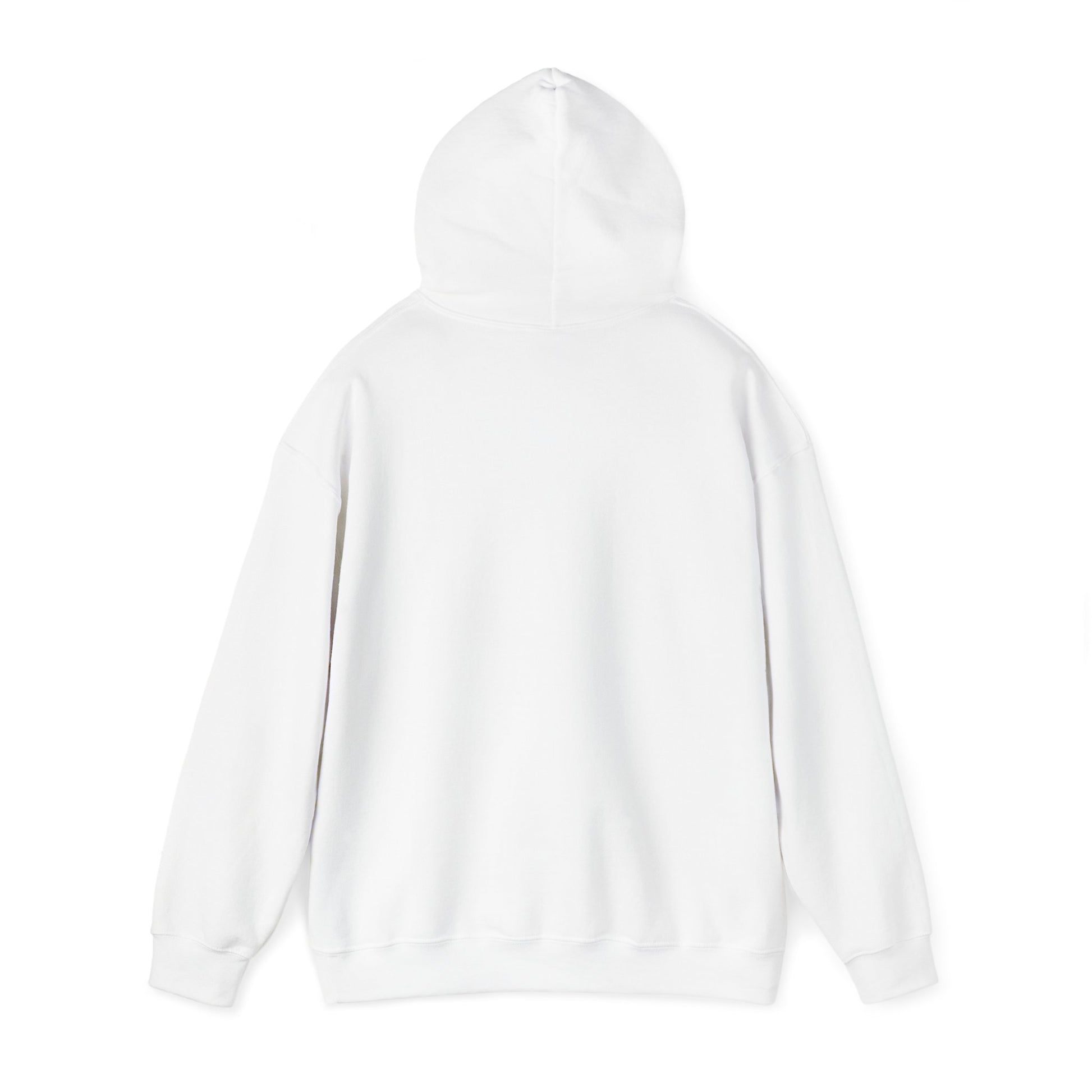 The image displays the back of a plain white Unisex Heavy Blend™ Hooded Sweatshirt against a white backdrop. Made from a cozy blend of ethically grown US cotton and polyester, it features a hood, long sleeves, and a relaxed fit.