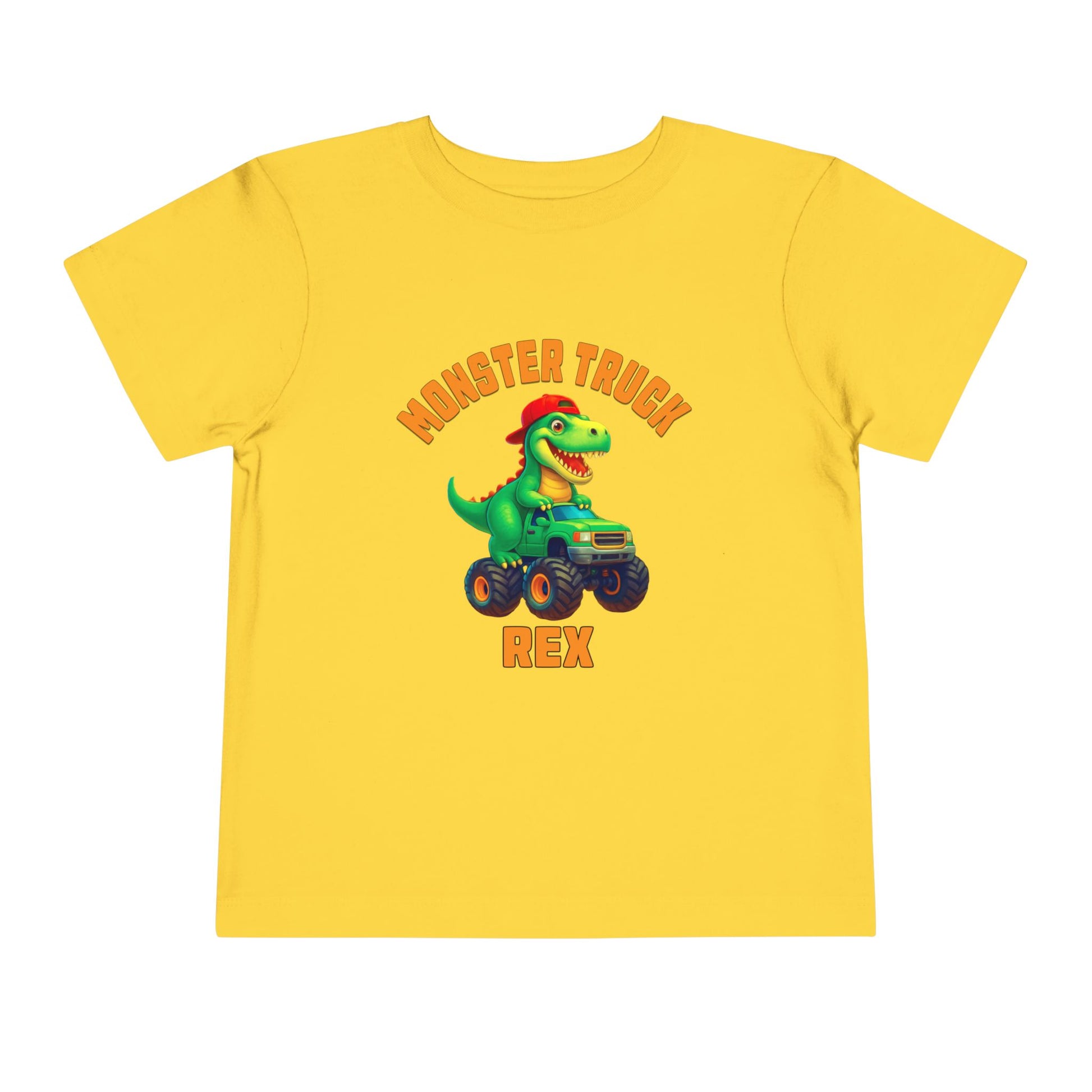 The Monster Truck Rex T-Shirt 🛻🦕 – Toddler Boys Tee is a yellow Bella+Canvas shirt with a green cartoon T-Rex driving a monster truck and MONSTER TRUCK REX in bold orange letters—perfect for any toddler dinosaur shirt collection.