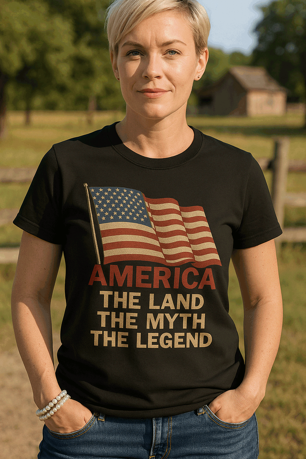 A woman with short blonde hair stands outdoors by trees and a wooden fence, wearing the America: The Land, The Myth, The Legend – 100% Cotton Tee featuring an American flag and patriotic text.