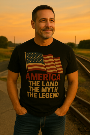 A man stands by railroad tracks at sunset, smiling in a patriotic America: The Land, The Myth, The Legend – 100% Cotton Tee.
