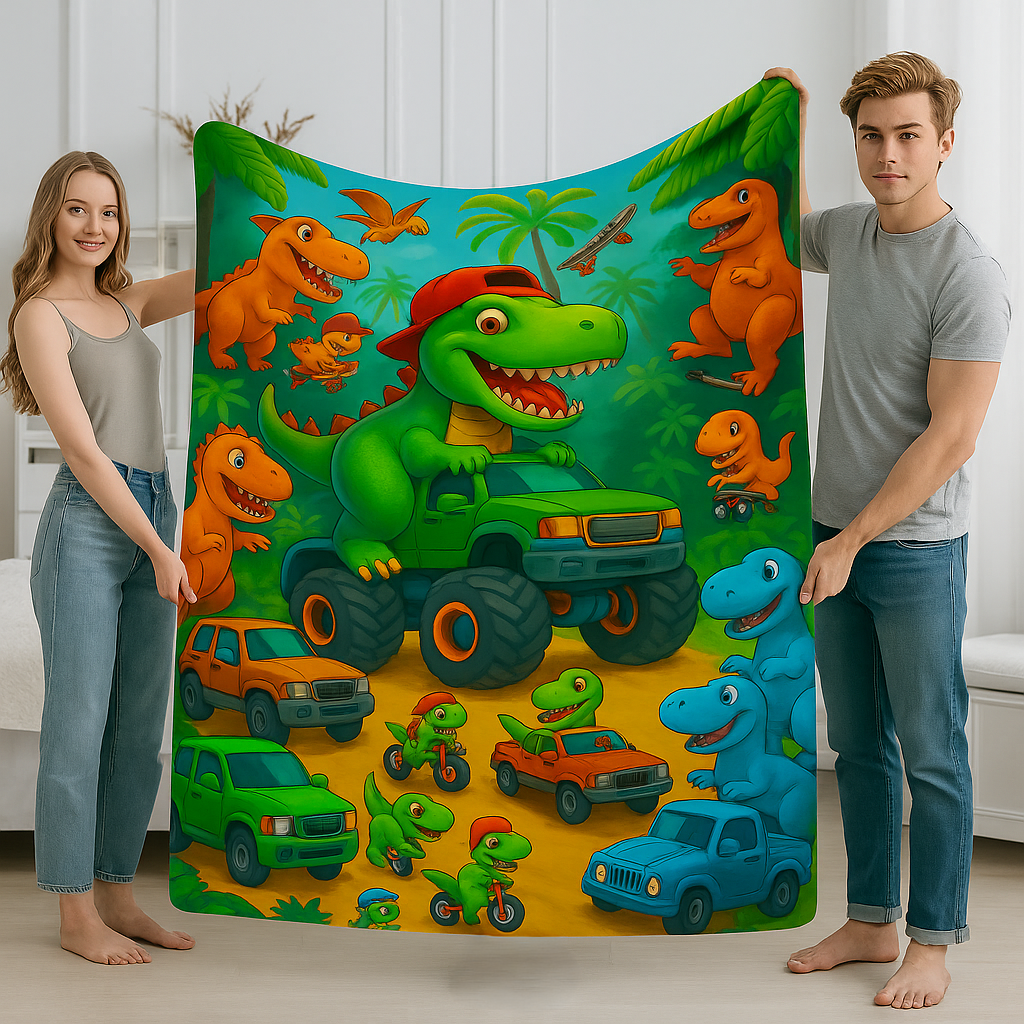 Dino Monster Truck Sherpa Fleece Blanket — Cozy, Colorful, All-Season Comfort