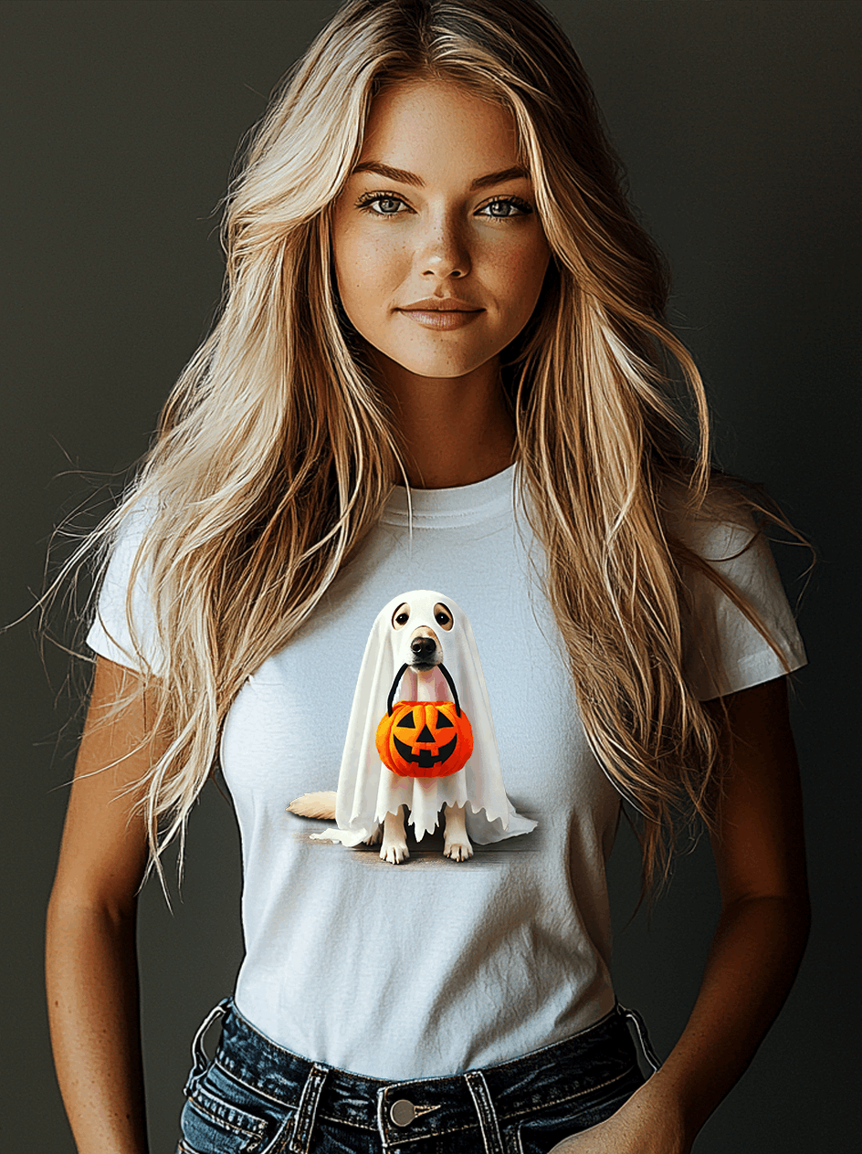 A long-haired blonde woman dons the Ghostly Pup Halloween T-Shirt - Adorable Trick or Treat Design, featuring a cartoon dog in ghost attire with a pumpkin bucket, set against a dark backdrop.