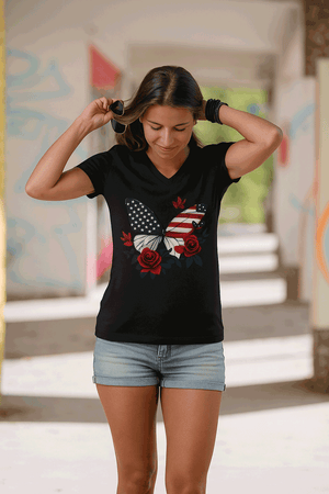 American Beauty Butterfly Tee – Patriotic V-Neck with Roses & Stars