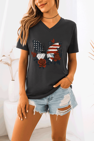 American Beauty Butterfly Tee – Patriotic V-Neck with Roses & Stars