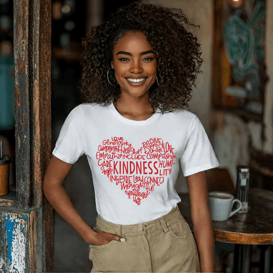 Woman wearing a white-shirt featuring a heart-shaped word art design with kindness-related words in white text.