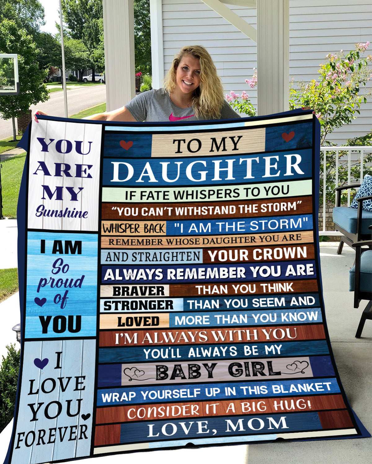 Rustic-style patchwork blanket with an inspirational message from a mother to her daughter, featuring wooden plank textures and motivational quotes.