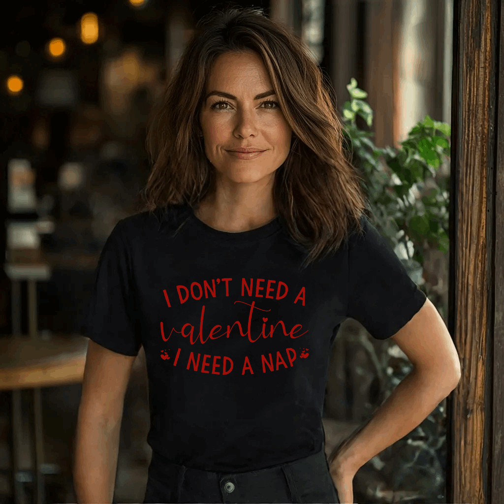 Woman wearing a black t-shirt with the funny Valentine's Day quote, "I don’t need a Valentine, I need a nap," in white script.