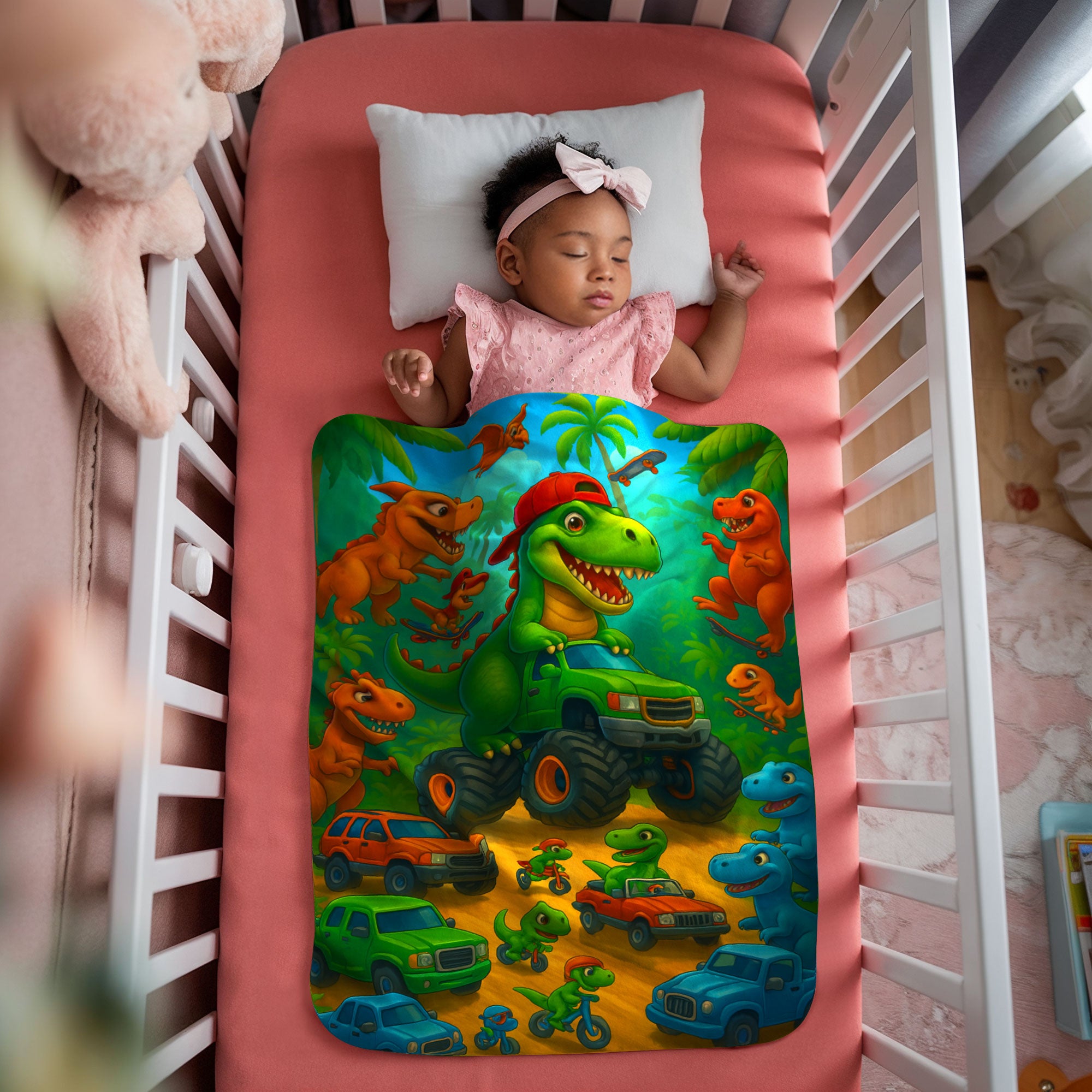 Dino Monster Truck Sherpa Fleece Blanket — Cozy, Colorful, All-Season Comfort
