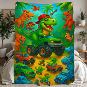Dino Monster Truck Sherpa Fleece Blanket — Cozy, Colorful, All-Season Comfort