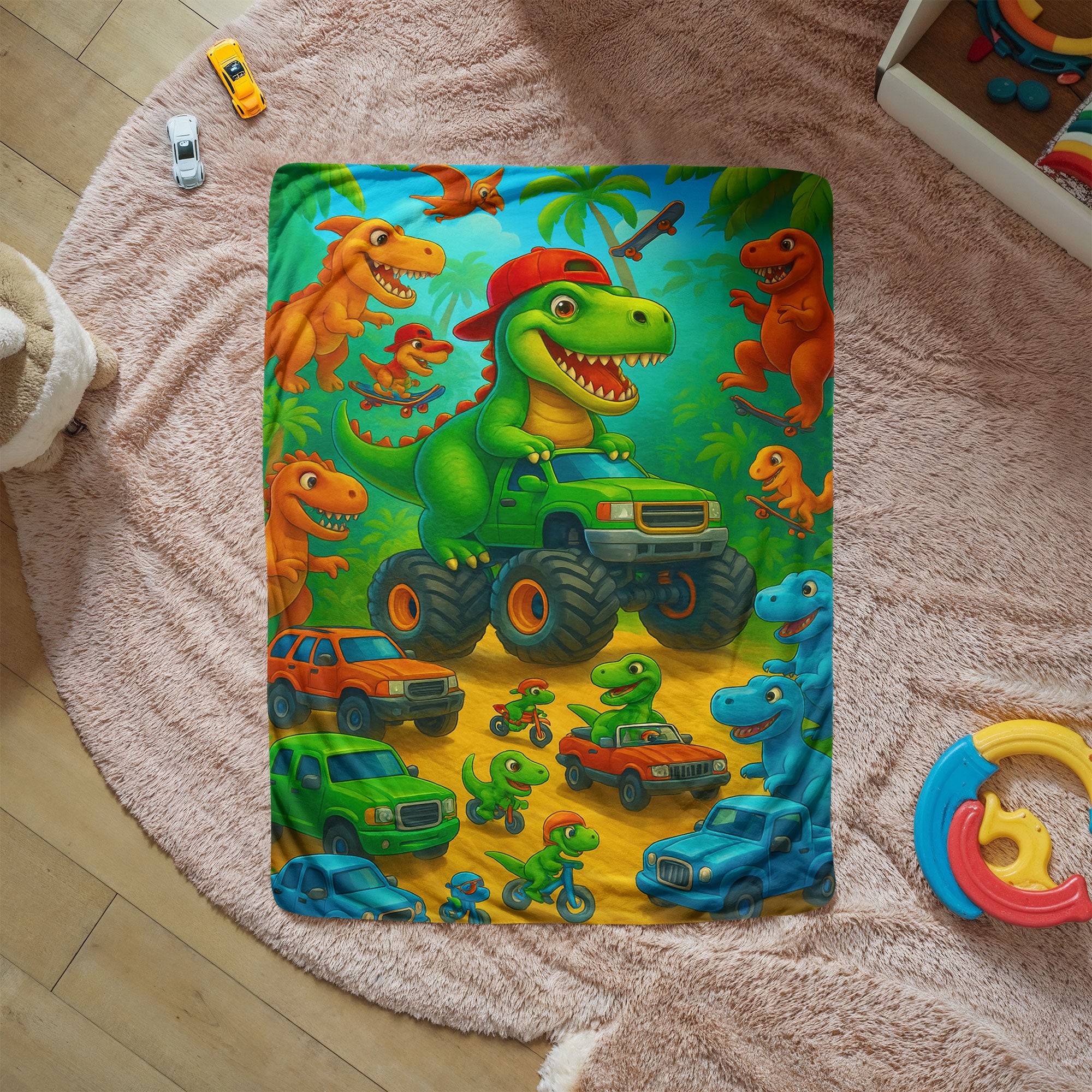 Dino Monster Truck Sherpa Fleece Blanket — Cozy, Colorful, All-Season Comfort