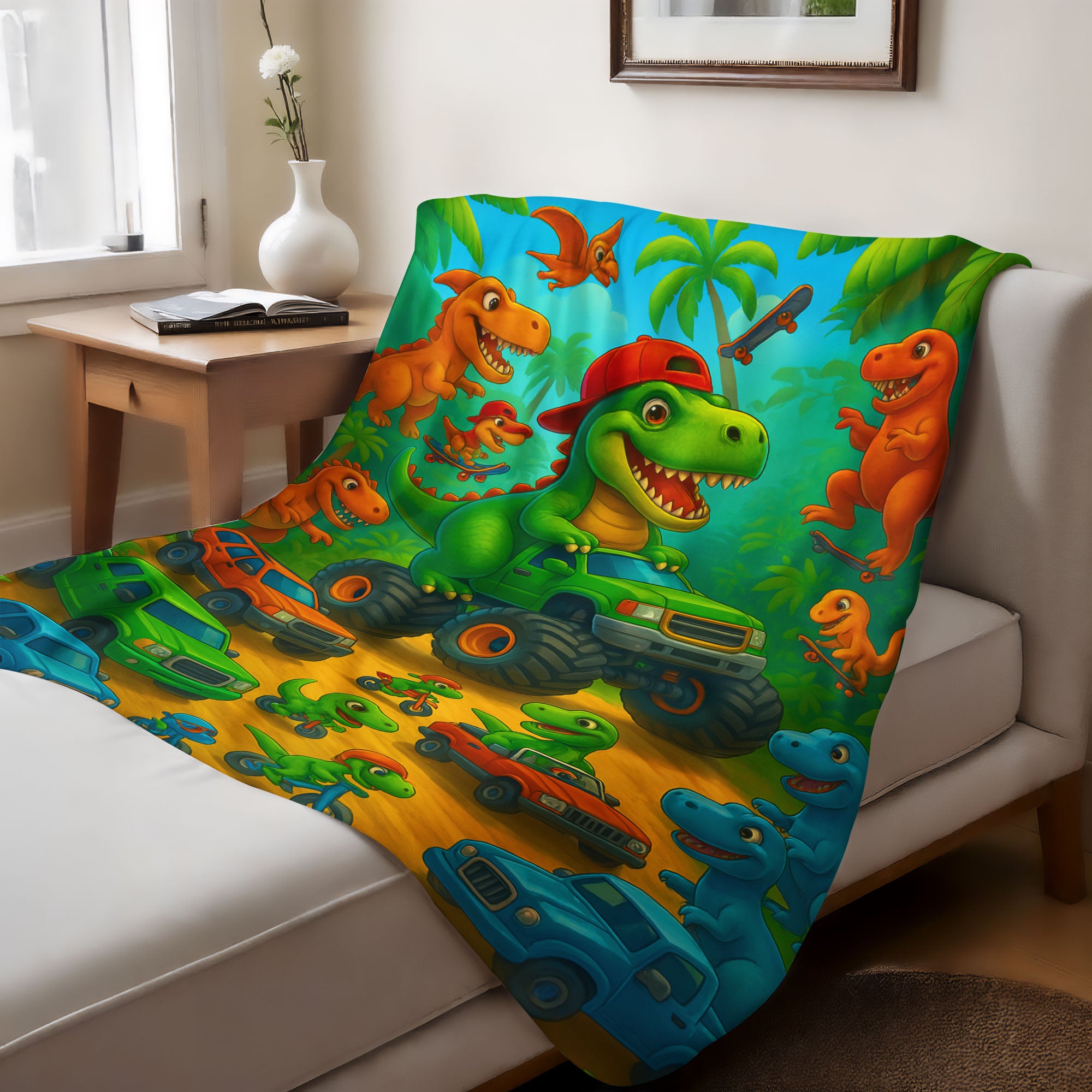Dino Monster Truck Sherpa Fleece Blanket — Cozy, Colorful, All-Season Comfort