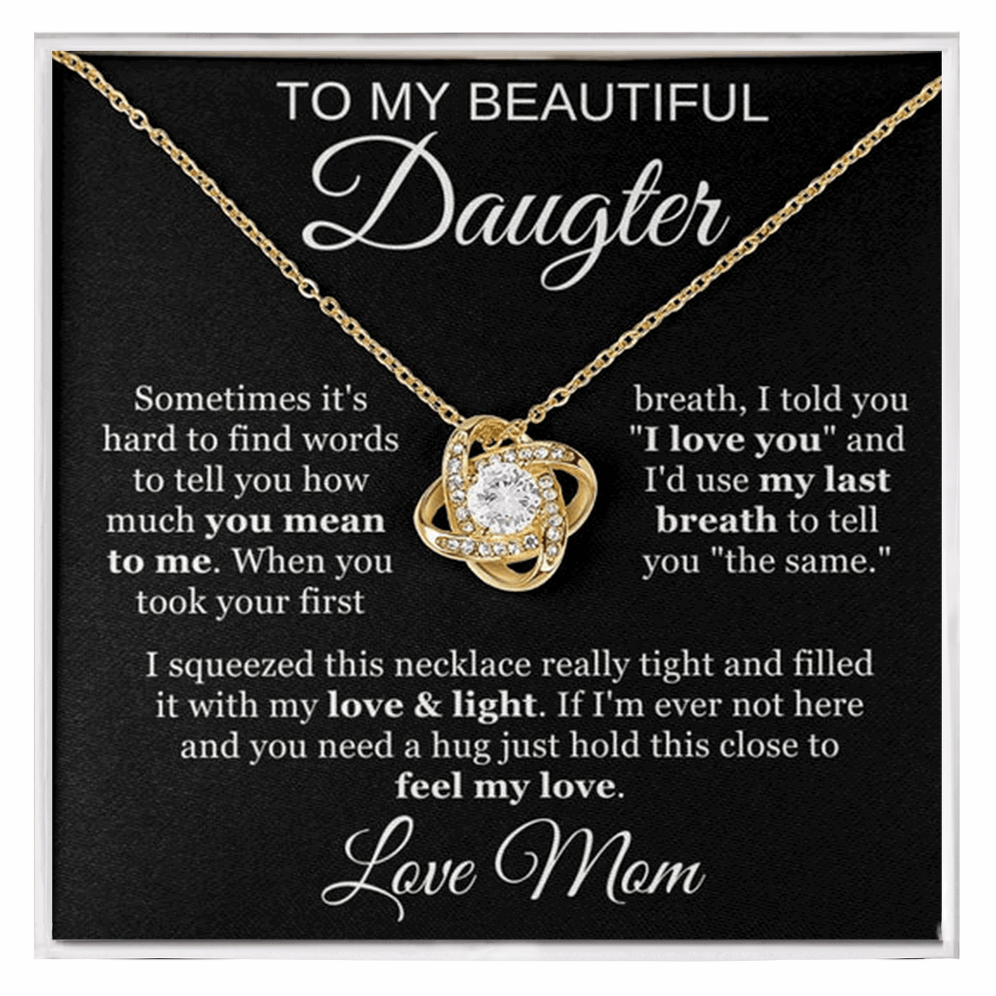 To My Beautiful Daughter Cubic Zirconia Love Knot Necklace Gift, Daughter Necklace, Graduation Day Gifts, Birthday Gifts |  Black Message Card Background