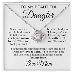 To My Beautiful Daughter Cubic Zirconia Love Knot Necklace Gift, Daughter Necklace, Graduation Day Gifts, Birthday Gifts |  White Message Card Background