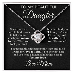 To My Beautiful Daughter Cubic Zirconia Love Knot Necklace Gift, Daughter Necklace, Graduation Day Gifts, Birthday Gifts |  Black Message Card Background