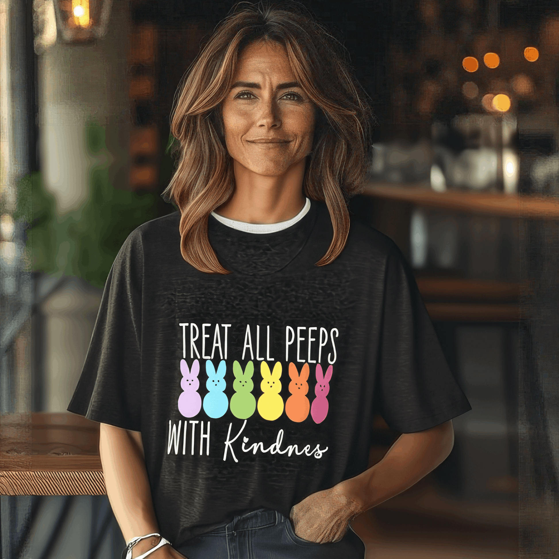 Indoors, someone by a wooden counter wears the Treat All Peeps with Kindness! tee featuring colorful peep marshmallow bunnies and text. The softly blurred background highlights lights and furniture. This black unisex jersey is the perfect Easter tee for fun-loving souls!.