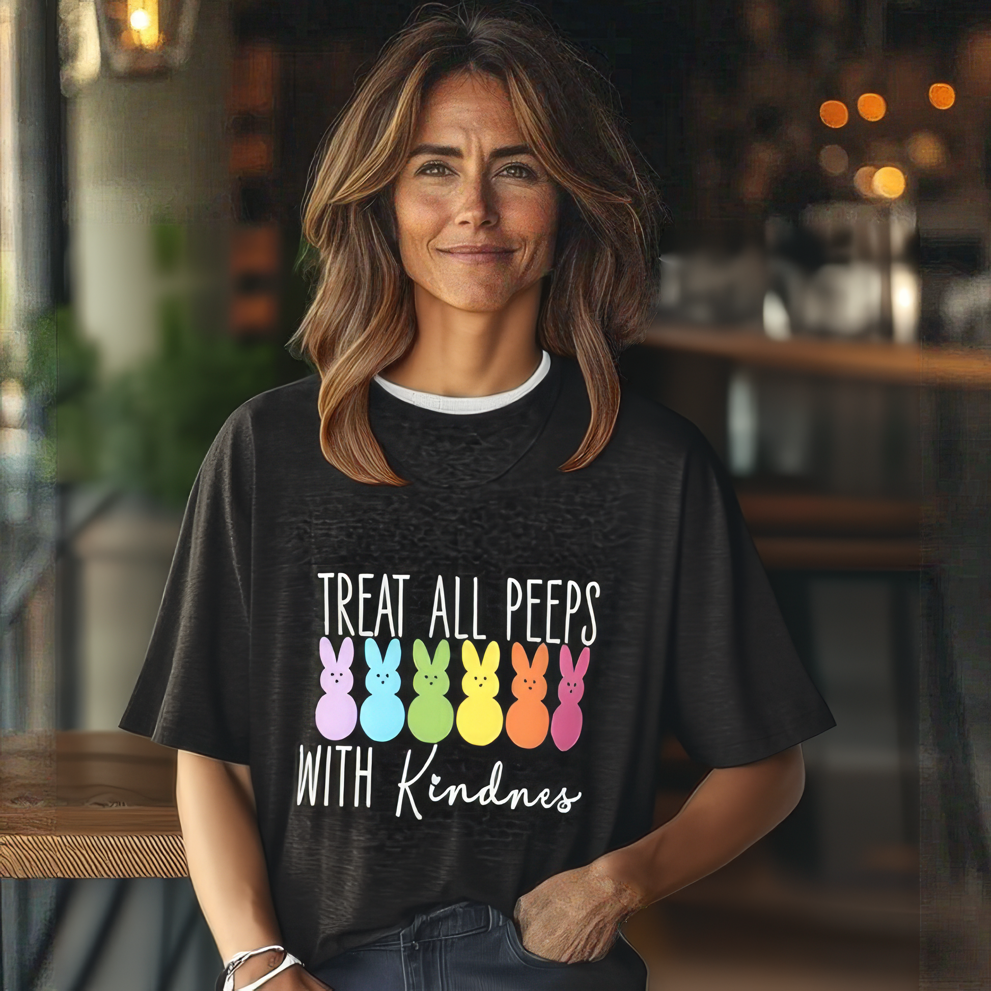 Indoors, someone by a wooden counter wears the Treat All Peeps with Kindness! tee featuring colorful peep marshmallow bunnies and text. The softly blurred background highlights lights and furniture. This black unisex jersey is the perfect Easter tee for fun-loving souls!.