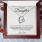 The To My Daughter: Forever Connected Message Card & Love Knot Necklace Set features a sparkling cubic zirconia necklace with a white gold finish, beautifully displayed in an open box with a heartfelt message from Dad inside.