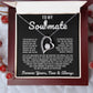 Silver heart pendant necklace with a sparkling crystal, displayed in a wooden gift box with a romantic message for a soulmate, surrounded by rose petals.