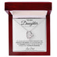 The To My Daughter: Forever Connected Message Card & Love Knot Necklace Set features a silver heart necklace with a cubic zirconia pendant in a red box. Inside, the card reads: The proudest moment for me is telling others that youre my daughter. Love, Dad.
