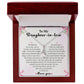 The To My Daughter-in-Law - Alluring Beauty necklace, ribbon-shaped and finished in 14k white gold, is beautifully presented in an open jewelry box. The lid contains a message expressing love and appreciation. The box features a wooden exterior with a white and pink interior.