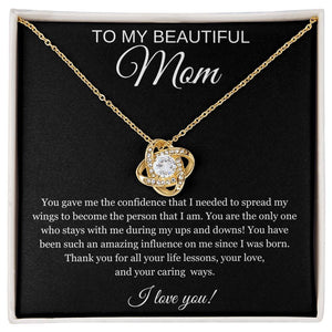 To My Beautiful Mom Cubic Zirconia Love Knot Necklace Mom Gift, Mom Necklace, Mother's Day Gifts, Birthday Gifts Black Message Card Background