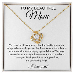 To My Beautiful Mom Cubic Zirconia Love Knot Necklace Mom Gift, Mom Necklace, Mother's Day Gifts, Birthday Gifts White Message Card Background