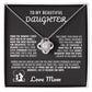 Silver love knot necklace with a sparkling crystal, presented in a gift box with a heartfelt message from a mother to her daughter