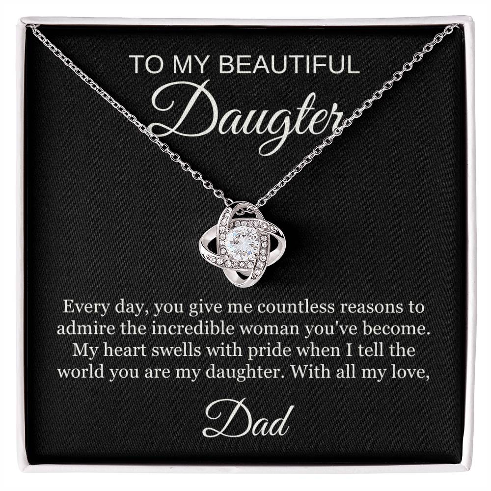 The To My Beautiful Daughter | Love Knot Necklace | With all my heart, Dad features sparkling cubic zirconia crystals, diamond accents, and comes in a gift box with a heartfelt message from Dad.