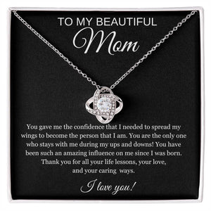 To My Beautiful Mom Cubic Zirconia Love Knot Necklace Mom Gift, Mom Necklace, Mother's Day Gifts, Birthday Gifts Black Message Card Background