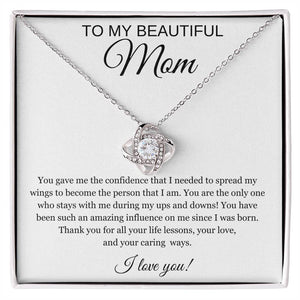 To My Beautiful Mom Cubic Zirconia Love Knot Necklace Mom Gift, Mom Necklace, Mother's Day Gifts, Birthday Gifts White Message Card Background